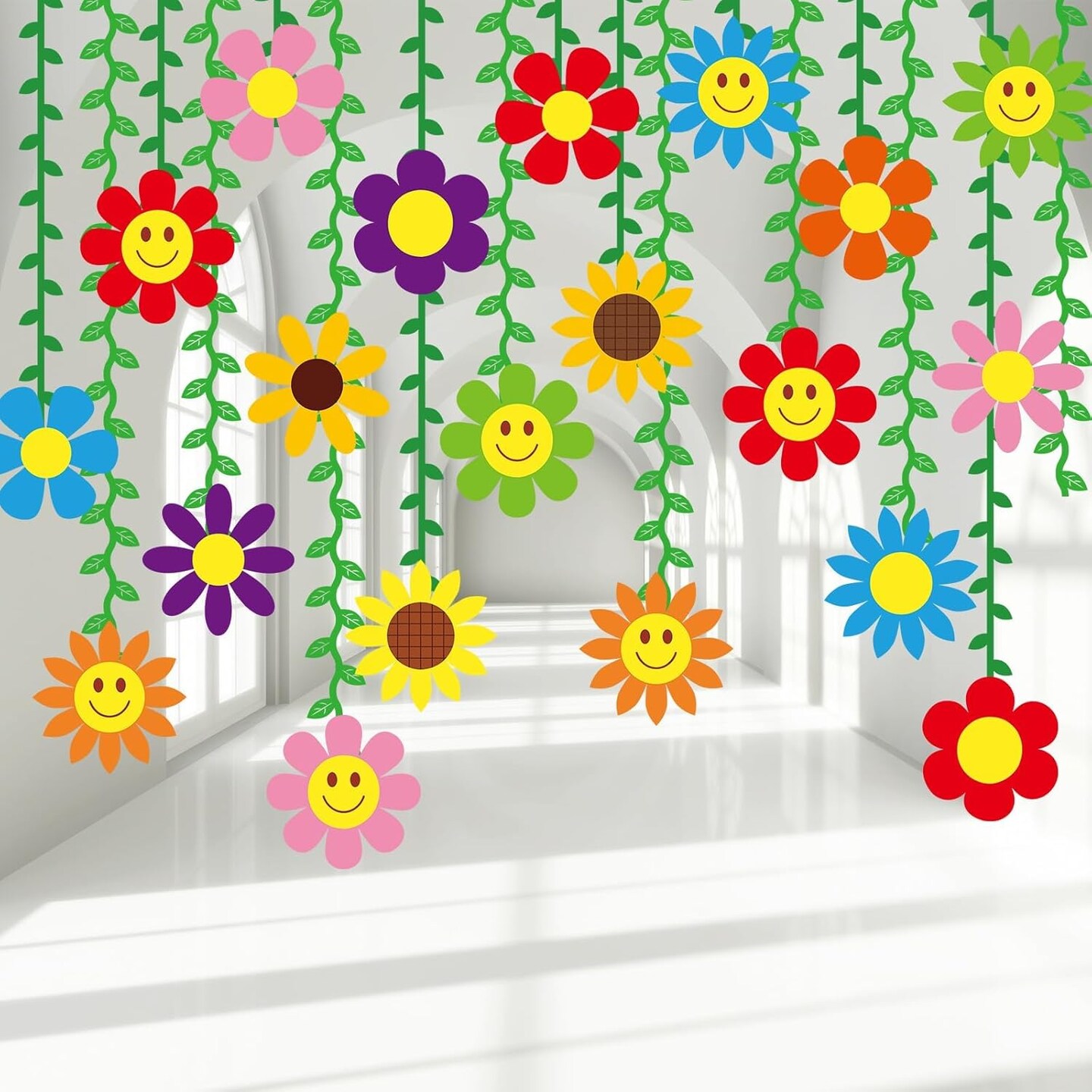 20PCS Spring & Summer Party Decorations – Sunflower Banner, Flower Cutouts, Green Leaf Streamers & Hanging Swirl Garlands for Home, Classroom, Kindergarten, Baby Shower & Birthday Parties