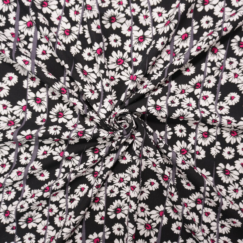 Black-White-Pink Rayon Floral Printed Challis Woven Fabric By the Yard