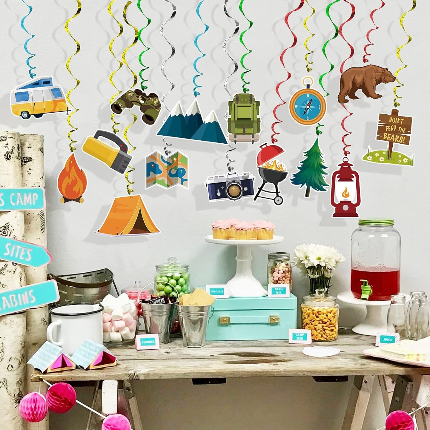 30PCS Camping Hanging Swirl Decorations – Foil Ceiling Streamers, Camping Adventure Bear Theme Party Banner Decor for Kids Birthday, Baby Shower & Outdoor Celebration