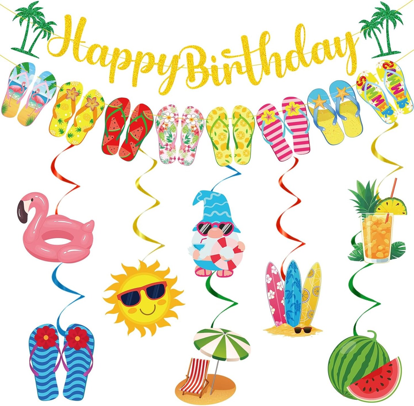 Summer Birthday Party Decorations – 10PCS Hanging Swirl Streamers with Flip Flop & Beach Theme Banner, Pool Party & Hawaiian Luau Decor for Outdoor Holiday Celebrations