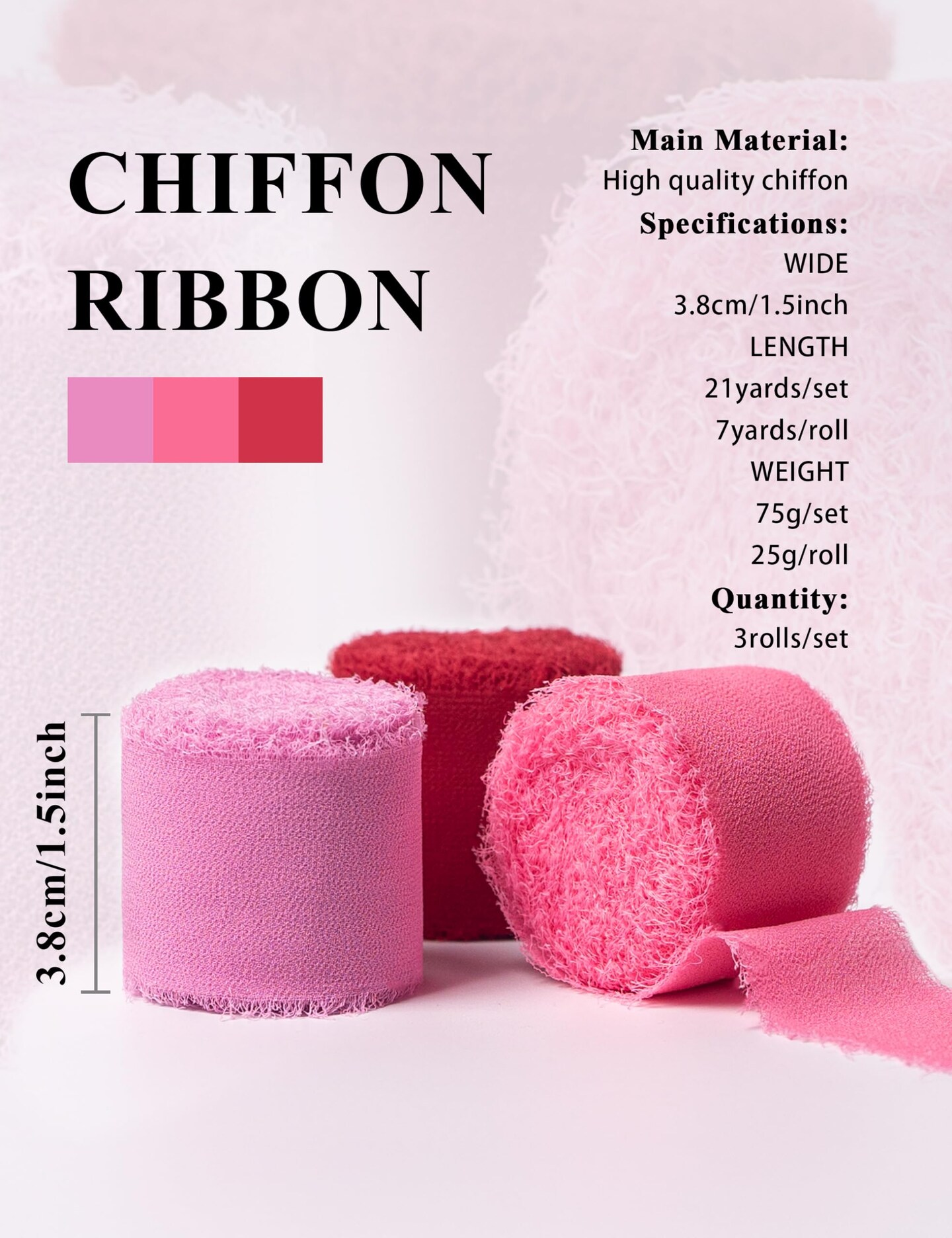 Chiffon Ribbon, Valentine's Day Party Decoration, 1.5''x21Yd Pink Red Frayed Fringe Handmade Silk Ribbons for Rose Floral Gift Wrapping, Wedding, Birthday, Engagement, Bridal Shower, 3 Rolls