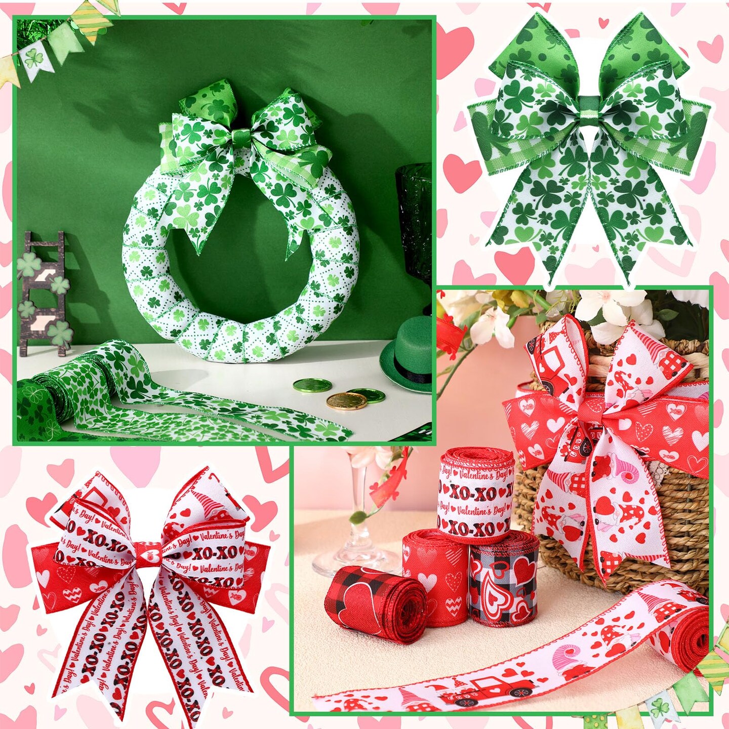 12 Rolls Valentine's Day Wired Edge Ribbon for Wreaths 2 Inch x 60 Yards Red Pink Heart Gnome Truck Print Grosgrain Ribbon Shamrock Clover Crafts for St Patricks Day Party Supplies 12 Styles