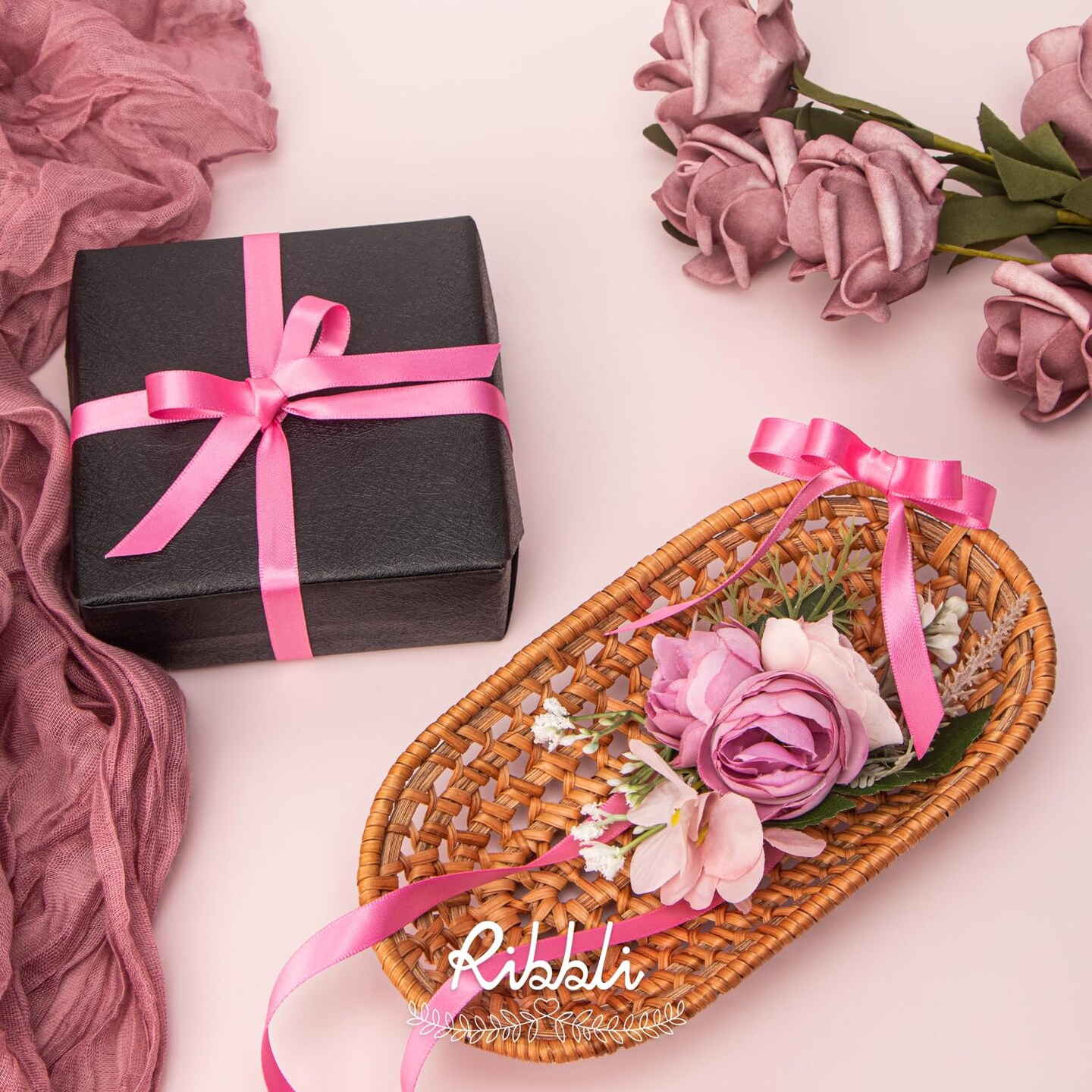 Ribbli 2 Rolls Satin Pink & Hot Pink Craft Ribbon,Total 20 Yards,(Pink 3/8-Inch x 10-Yard, Hot Pink 3/8-Inch x 10-Yard)
