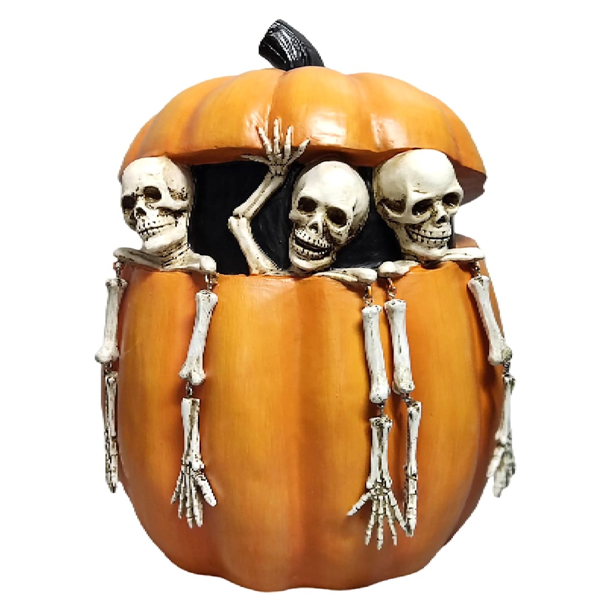 Whimsical Skeleton Trio in Pumpkin – 13″ Resin Halloween Tabletop & Porch Decoration