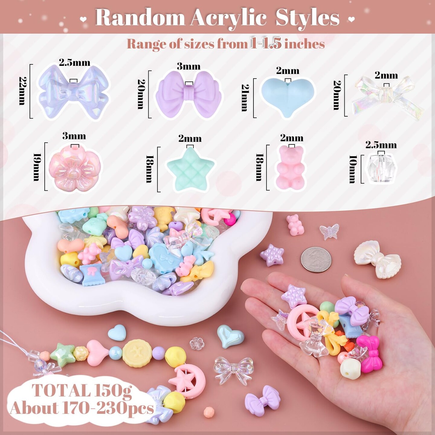 TINKRSTUFF Assorted 170-230PCS Macaroon Color Acrylic Beads For Bracelet Making, Bow Butterfly Candy GummyBear Aesthetic Bracelet Charms,Cute Beads For Jewelry Making DIY Necklace Keychain Phone Charm