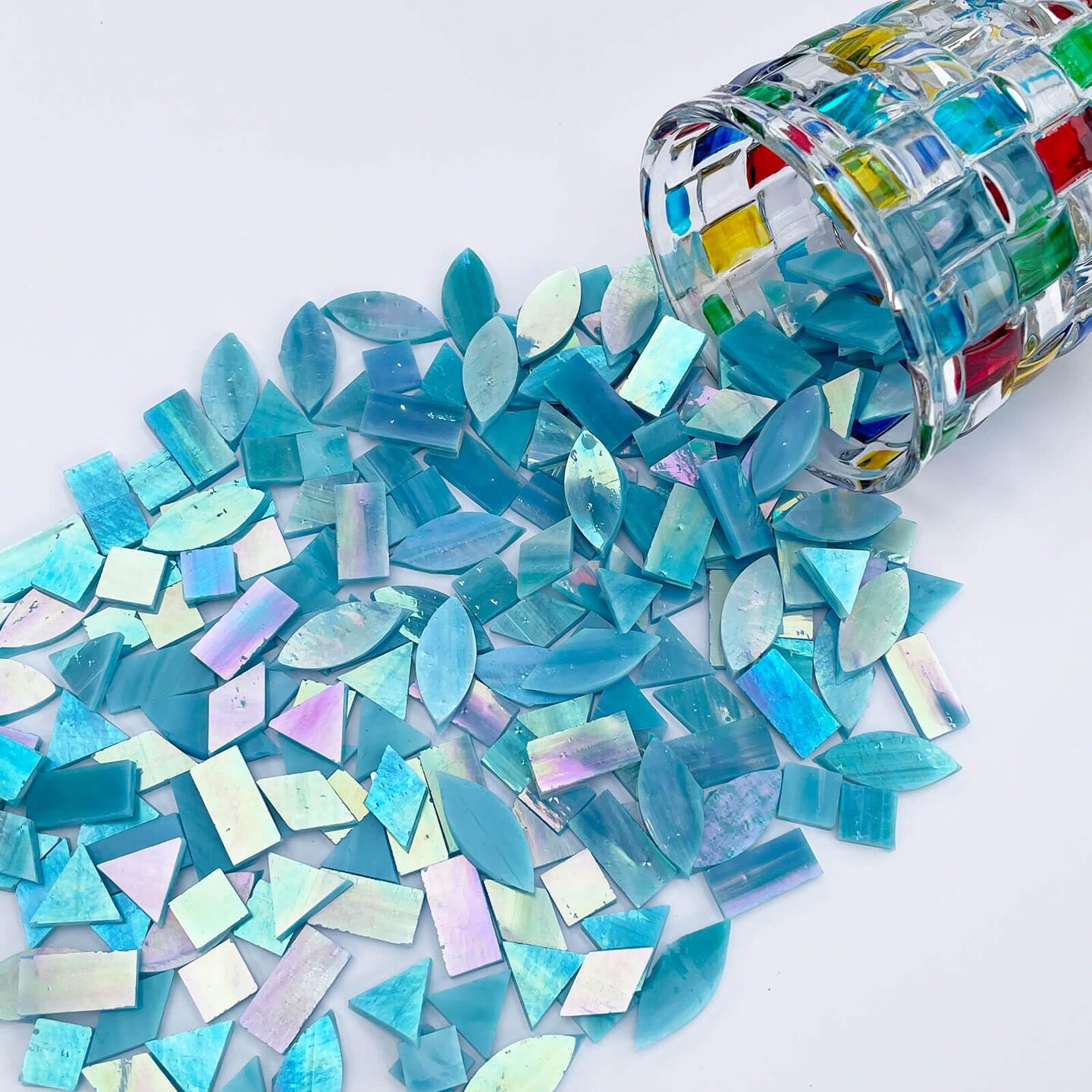 LITMIND Iridescent SkyBlue Stained Glass Mosaic Tiles for Crafts - 240 Pieces, 5 Shapes Mixed (Rectangle, Triangle, Rhombus, Square, Leaf) - Ideal for Mosaic Making Projects and Beginners