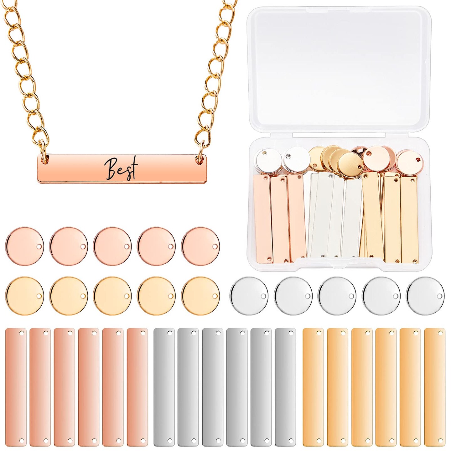 30 Pcs Metal Stamping Blank Tag Pendants for Jewelry Engraving includes 15 Rectangle Stamping Blank Bar Charms Brass Tag, 15 Round Blank Name Pendant for DIY Craft