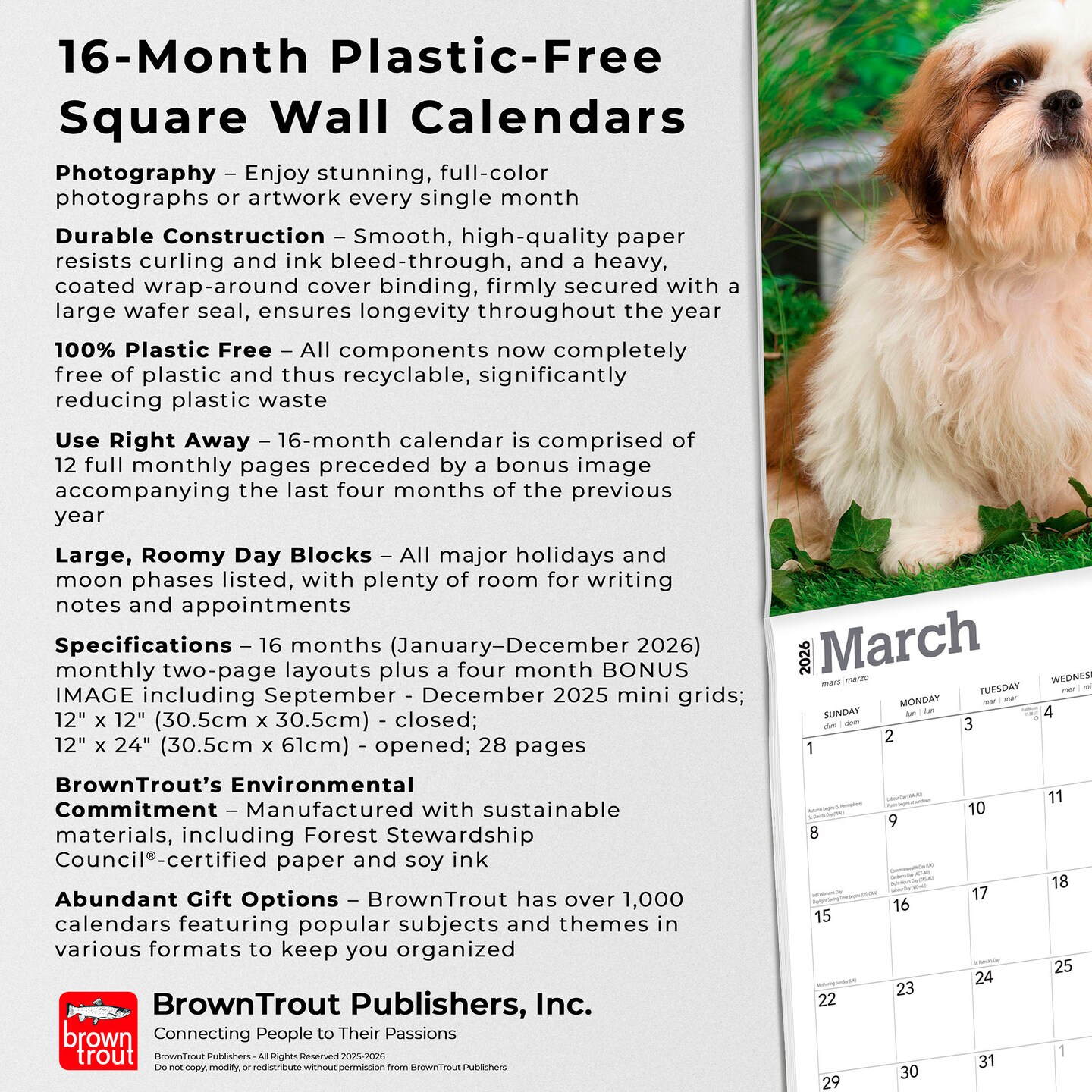 Shih Tzu Puppies | 2026 12 x 24 Inch (Hanging) Monthly Square Wall Calendar | Plastic-Free | BrownTrout | Animal Small Dog Breed Puppy