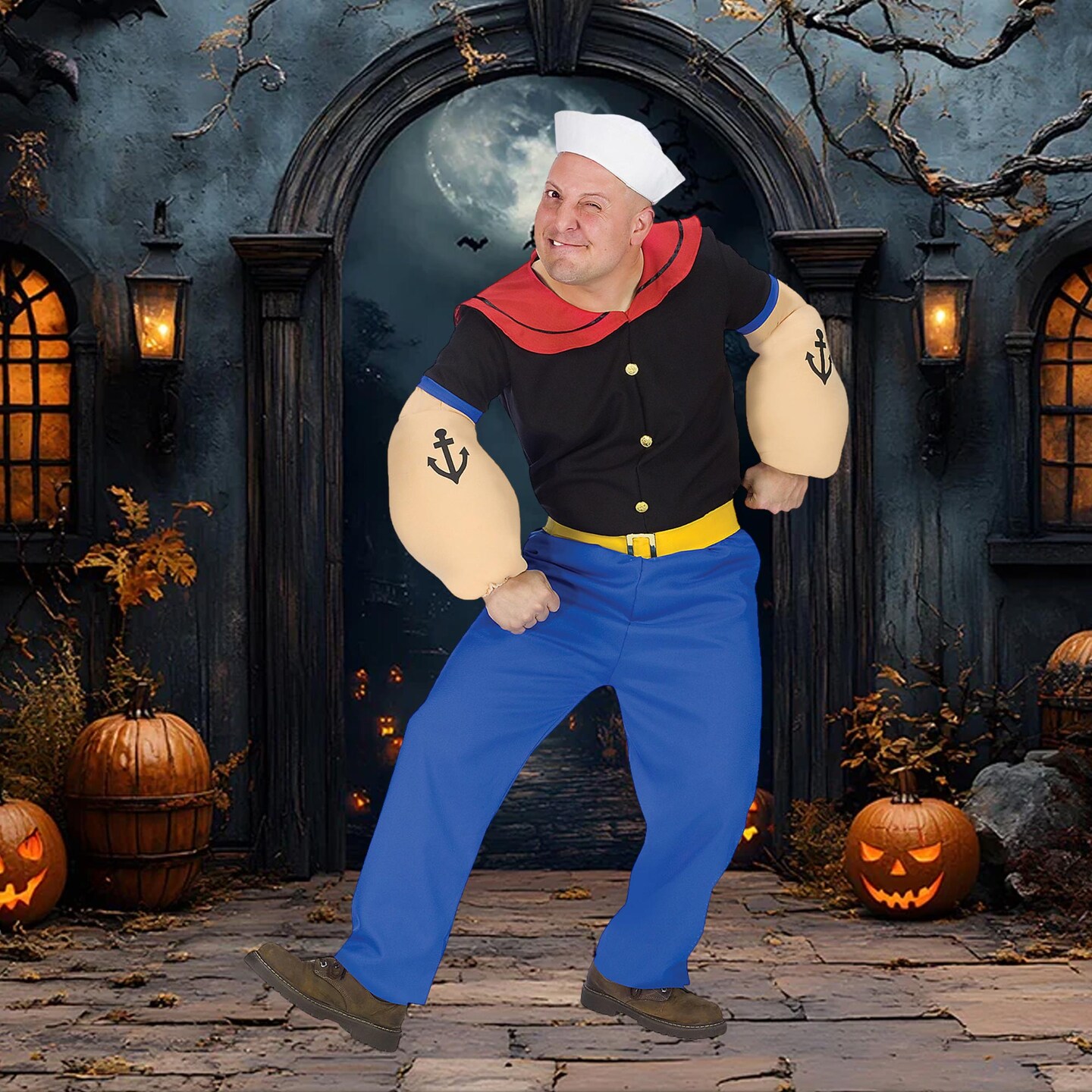 Men's Popeye Costume Sailor Outfit Muscle Arms Hat Blue Pants Standard Size