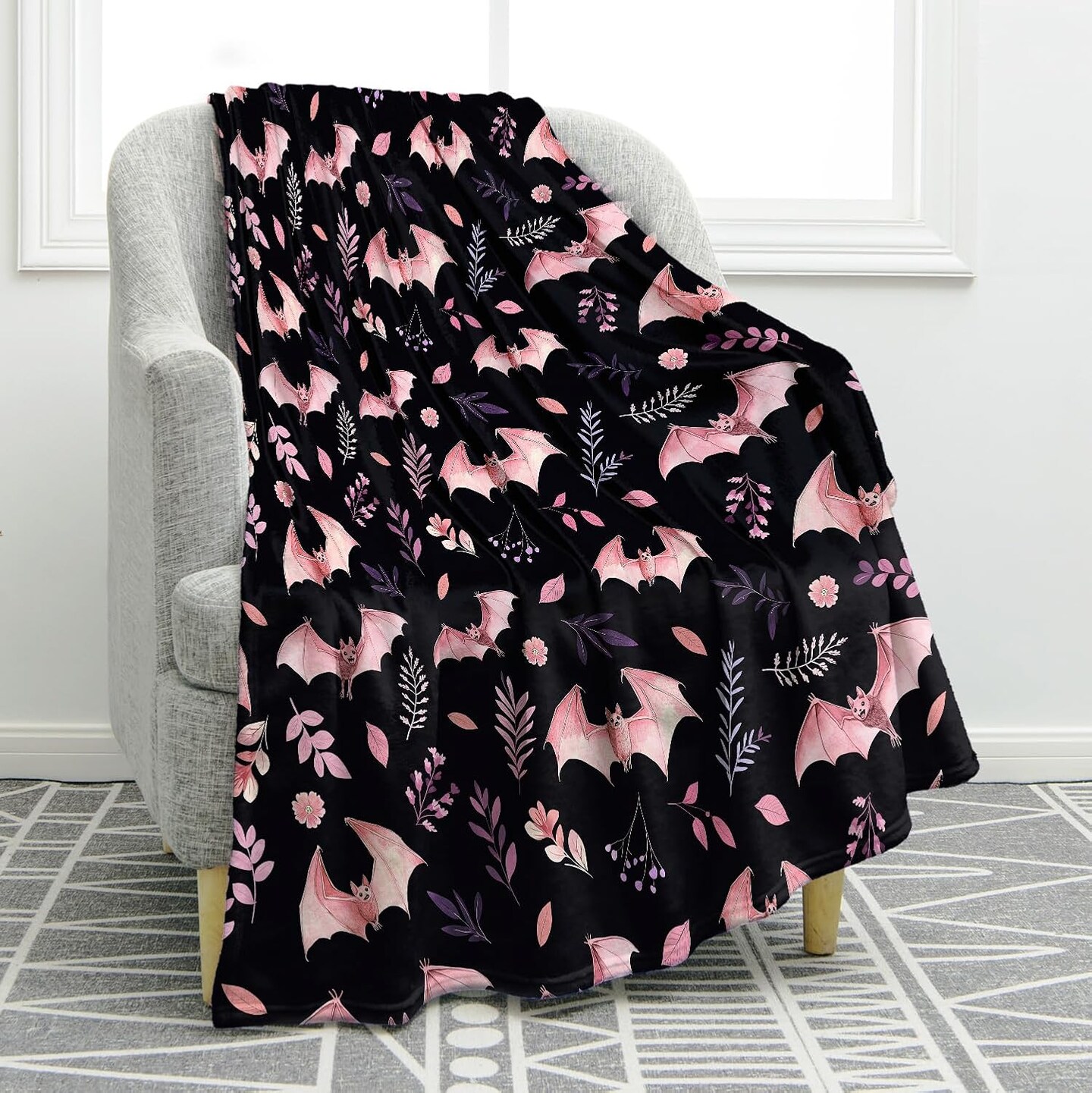 Floral and Bat Throw Blanket Gifts for Adult Kids(Bat1)