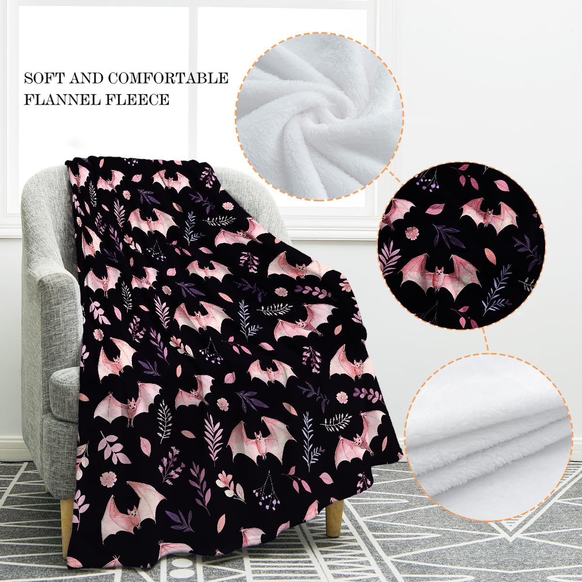 Floral and Bat Throw Blanket Gifts for Adult Kids(Bat1)