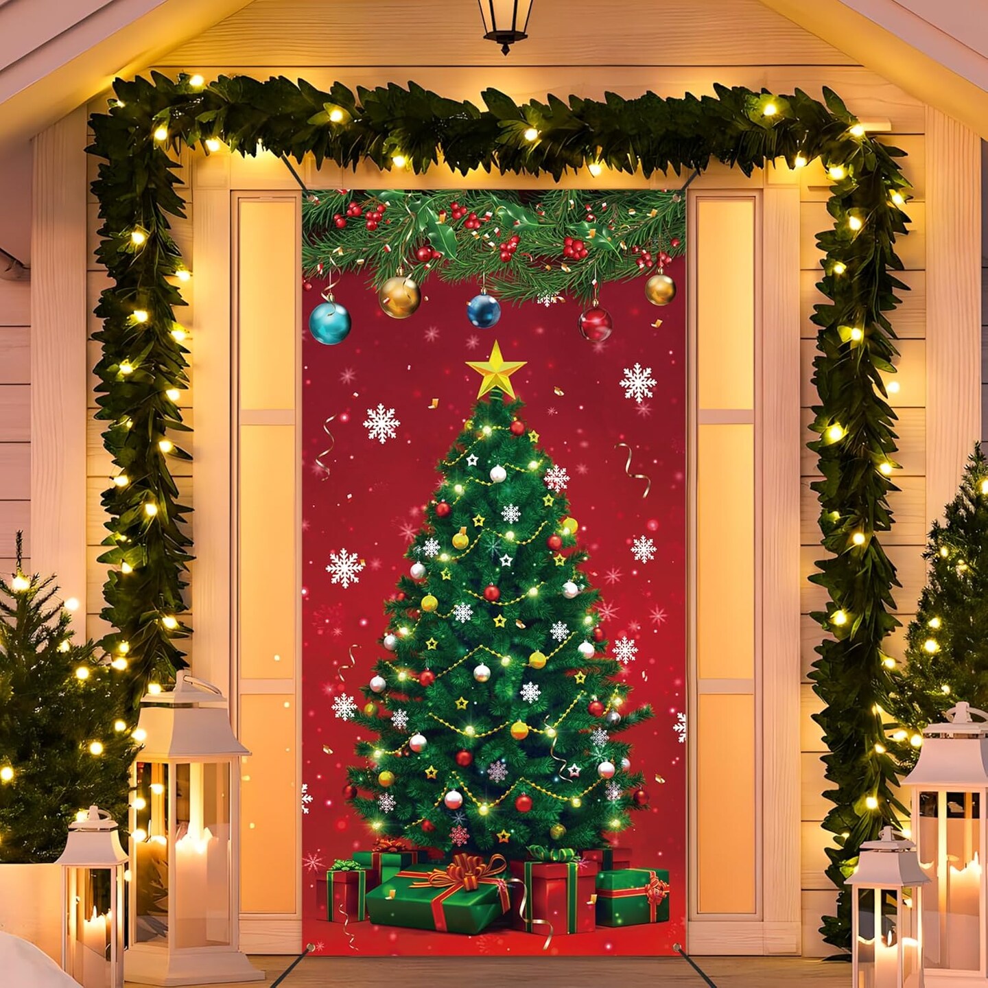 Christmas Front Door Cover Xmas Tree Door Cover Banner Merry Christmas Door,70.9 x 35.4 Inch(Multicolor)