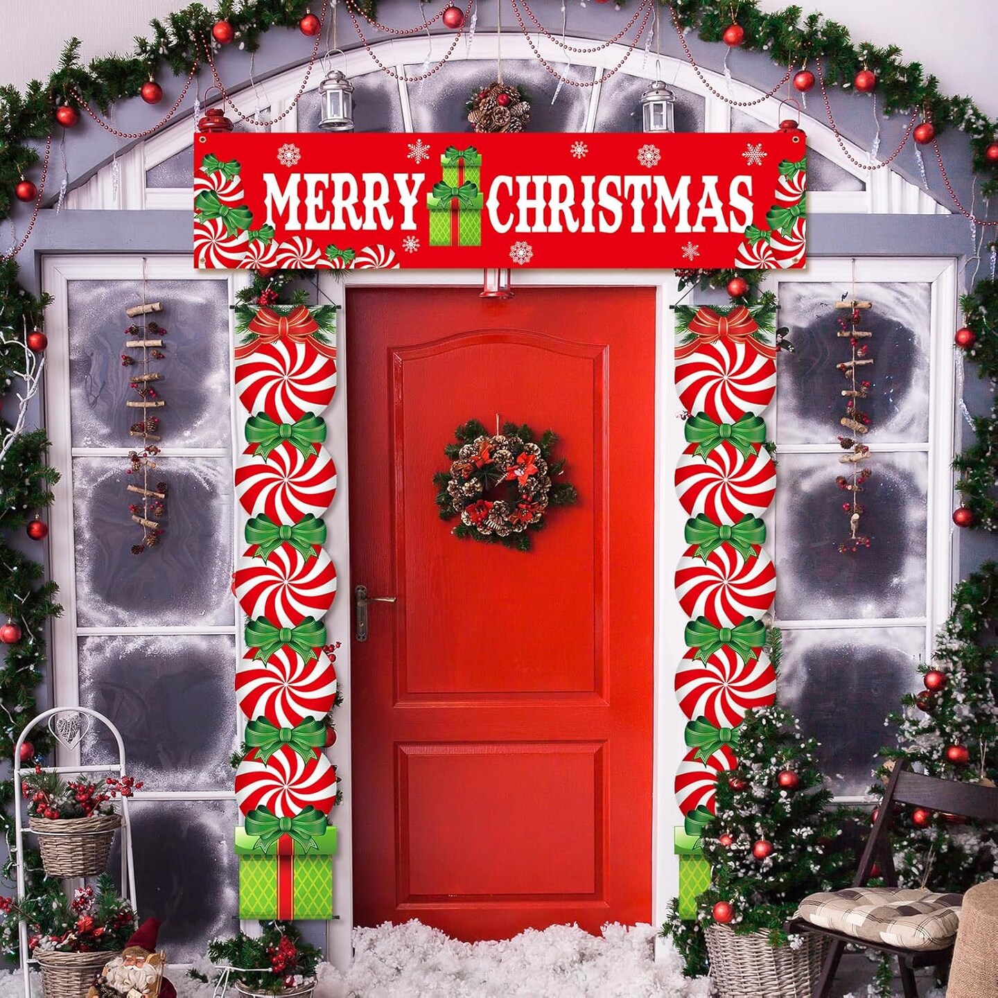 3 Pcs Christmas Decoration Outdoor Porch Sign for Front Yard Hanging Banner,12 x 71 Inch(red green)