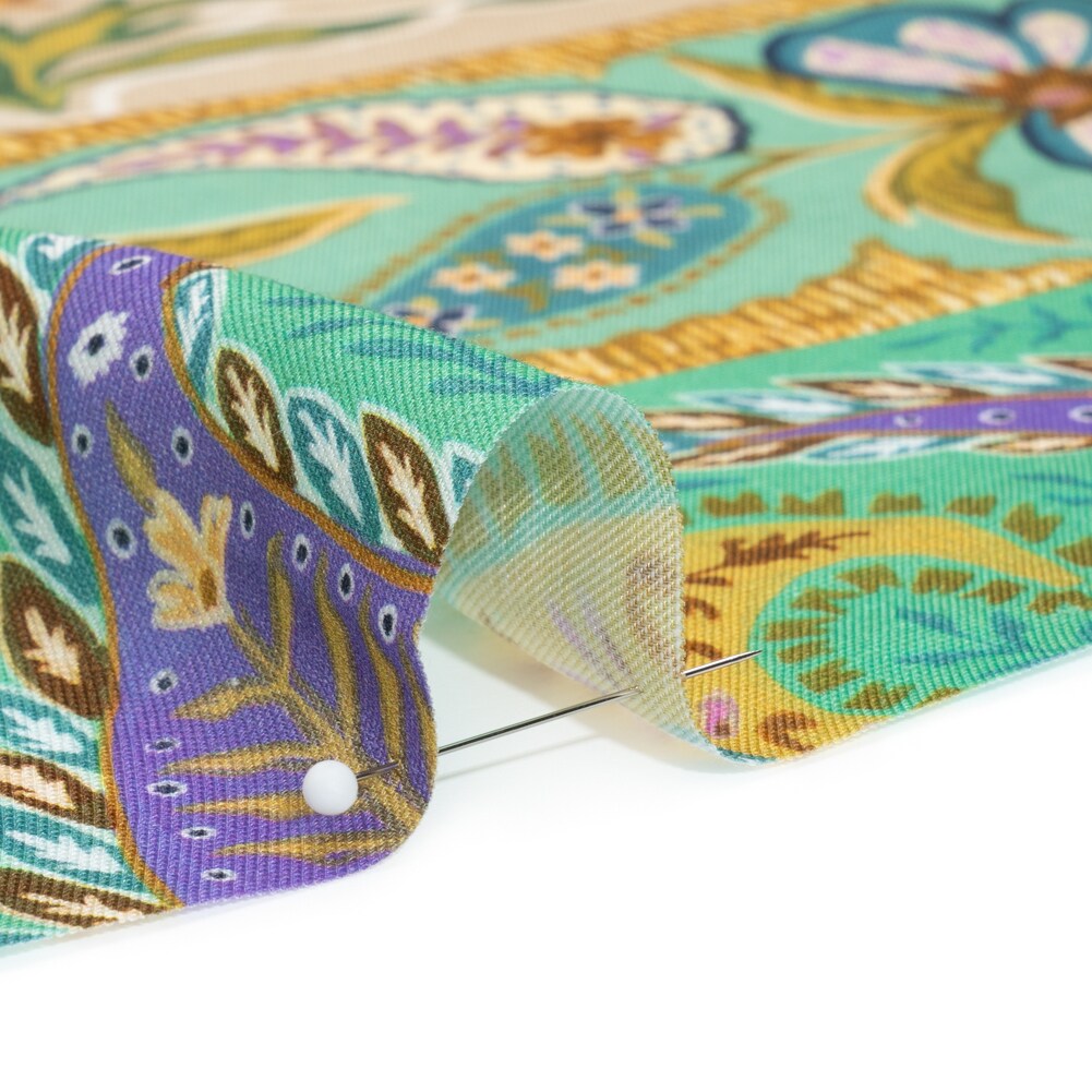 1 Yard Purple and Green Paisley Floral Stripes Viscose and Linen Twill Fabric