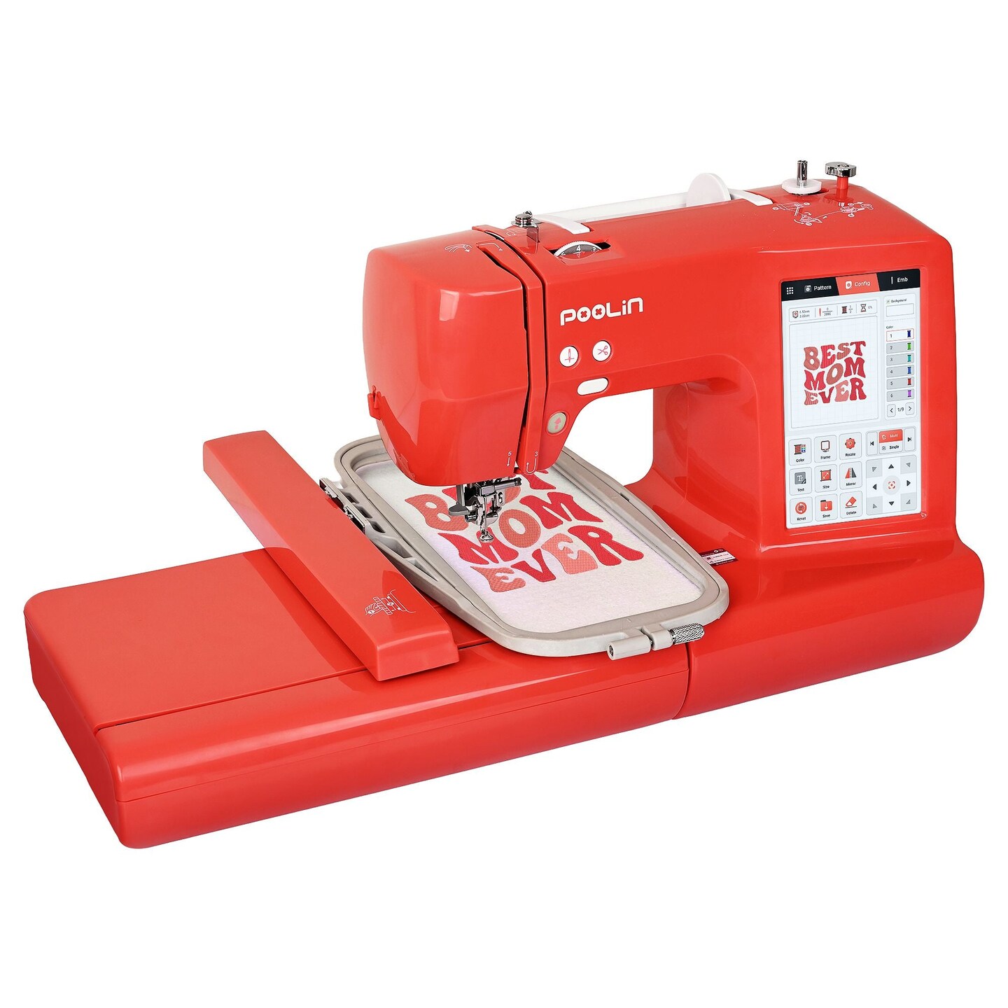 POOLIN EOC05 4in x 9.2in Embroidery Machine with Deluxe Accessory Bundle - Red