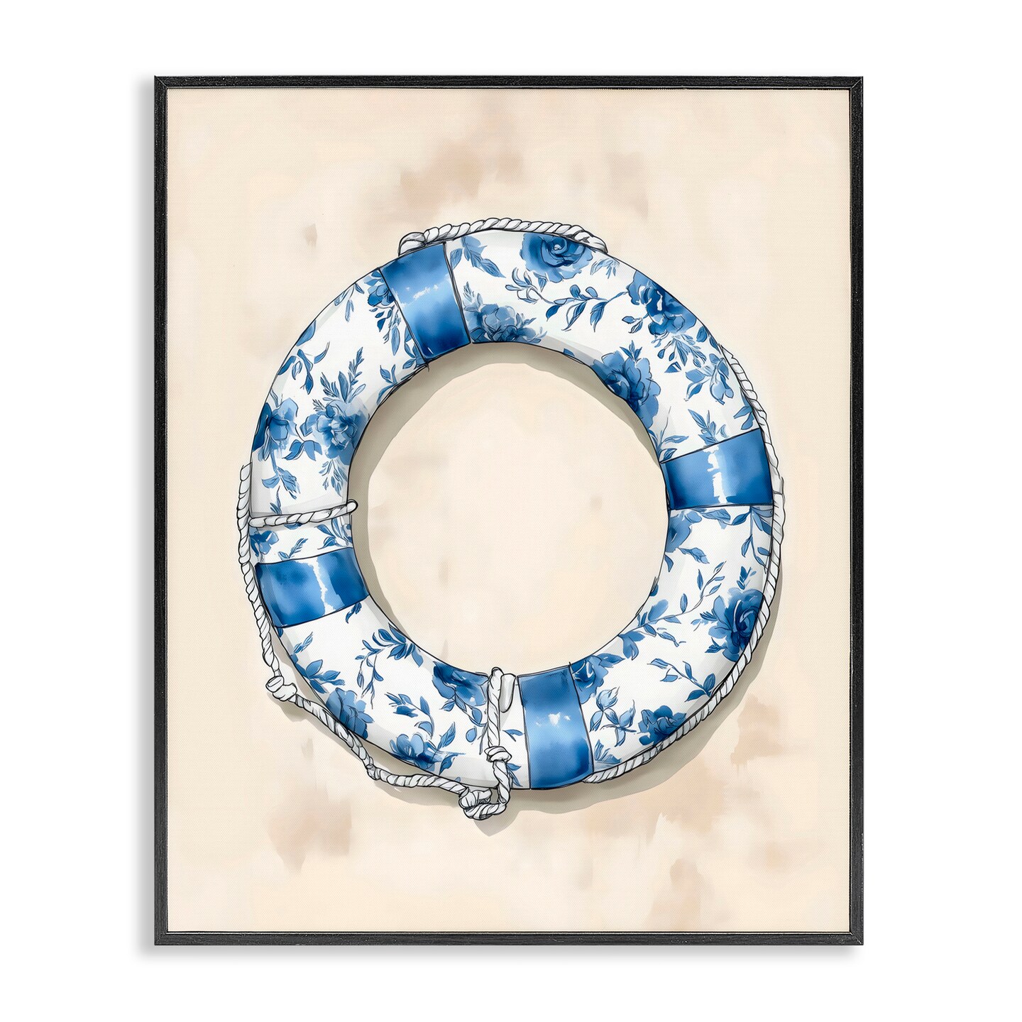 Stupell Industries Blue Floral Life Preserver Black Framed Giclee Art, design by Arlington Prints