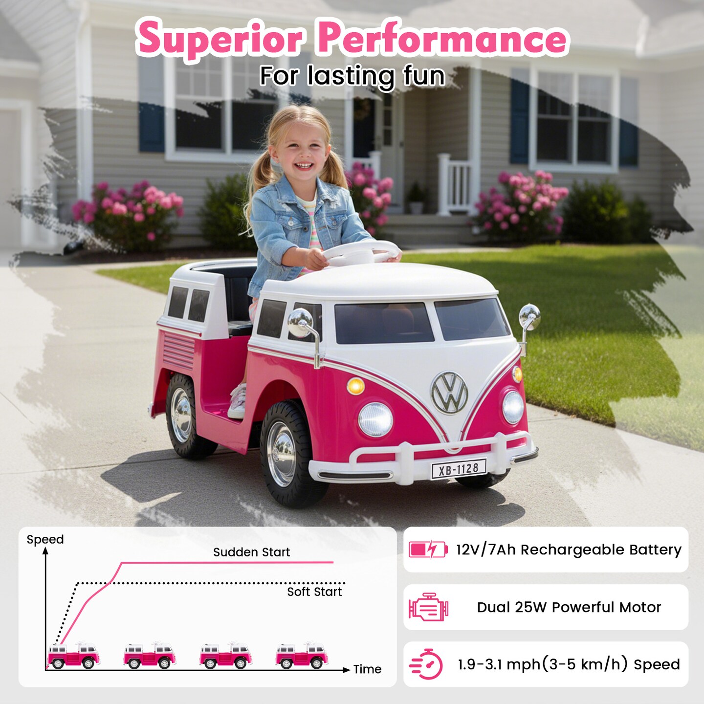 12V Volkswagen Ride-On Bus for Kids with LED Lights and Cup Holder
