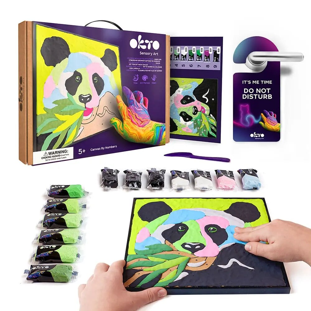 OKTO | DIY 3D Creative Air Dry Clay Kit | Kids Painting by Numbers Coloring Set | PANDA | Frame 11.8x11.8 in