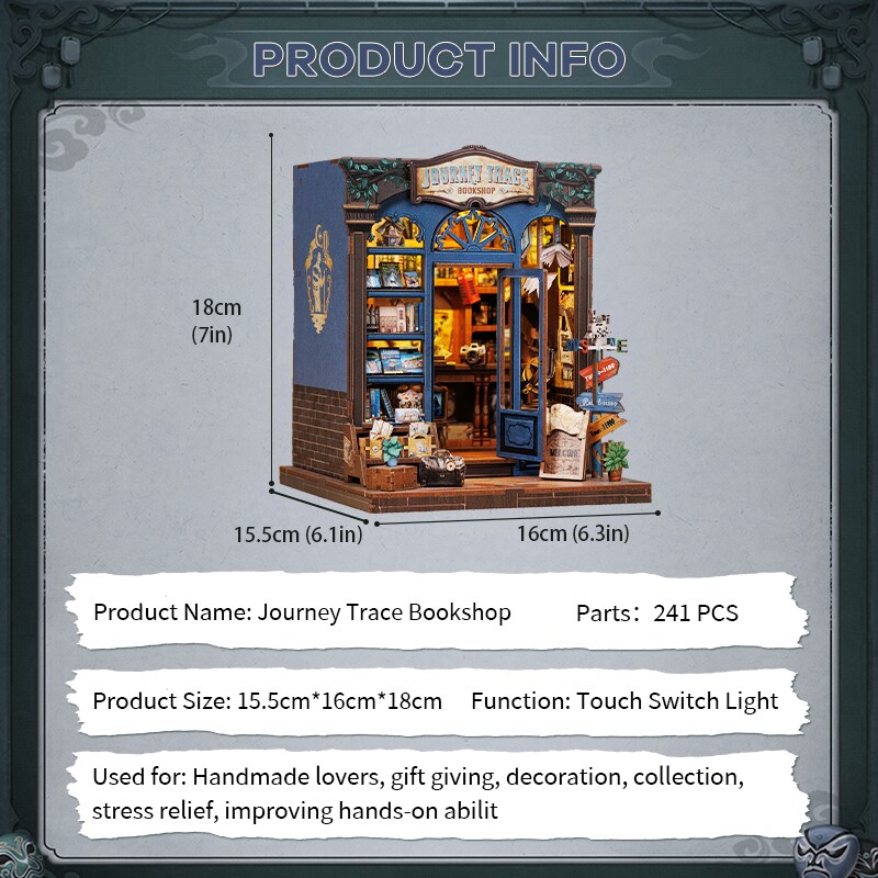 Journey Trace Bookshop Dollhouse Kit - Miniature Wizardi Roombox Kit with LED Light F07M51-89-CWGC204