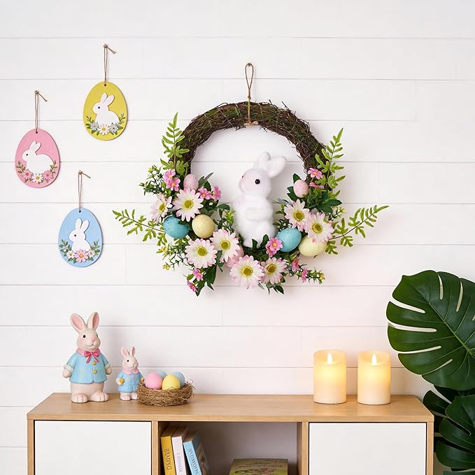 Easter Wreath, Easter Decorations 16 in Easter Font Door Wreath with Easter Bunny and Colorful Flowers and Decorative Eggs, Spring Front Door Decoration for Home Party and Holiday Celebrations