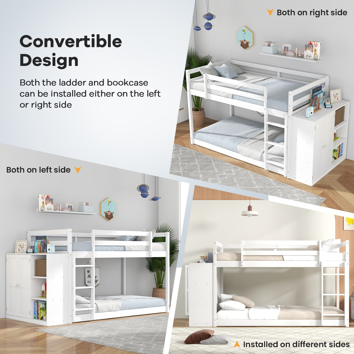 White Convertible Twin Bunk Bed with Bookcase and Ladder Storage