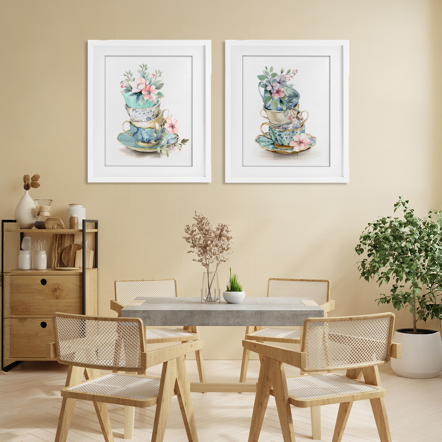 Stupell Industries Stacked Teacup Chinoiserie 2pc Framed Print Under Glass Set, design by Kim Allen