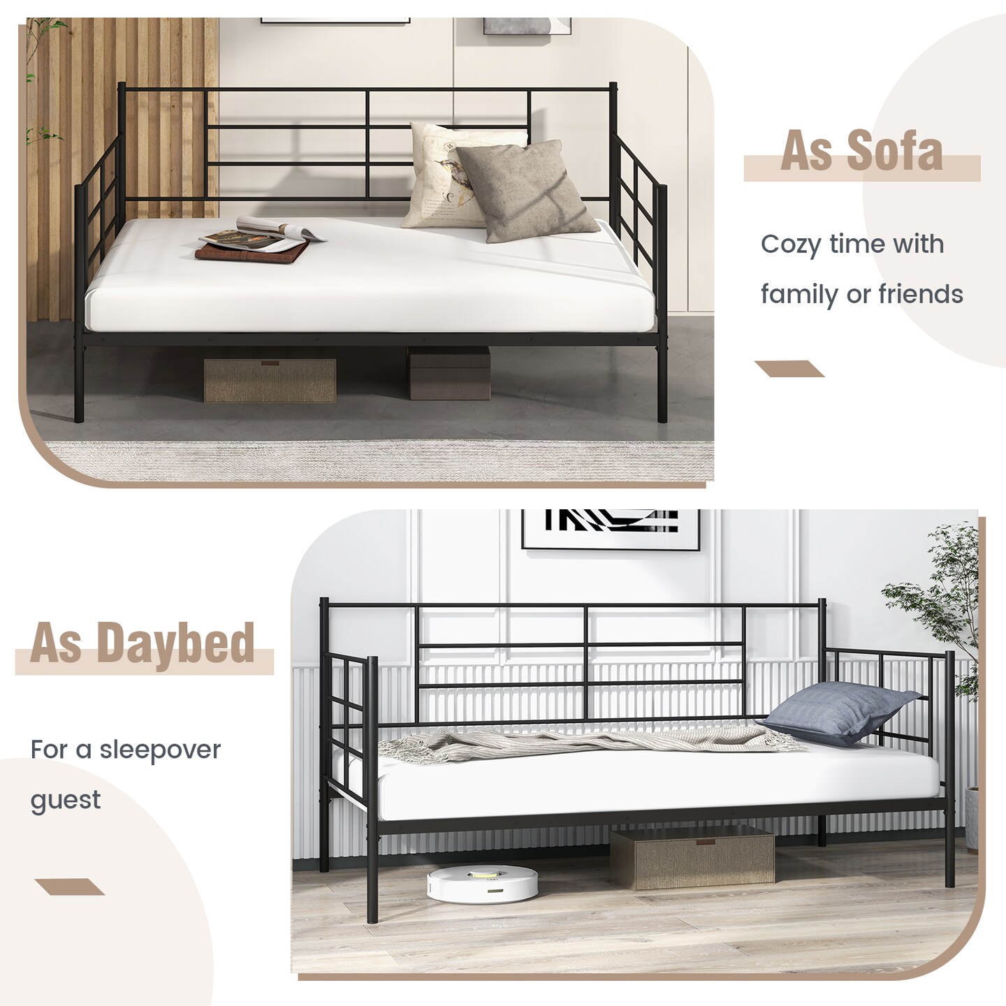 Black Twin Metal Daybed Sofa Bed Frame with Sturdy Back and Arms