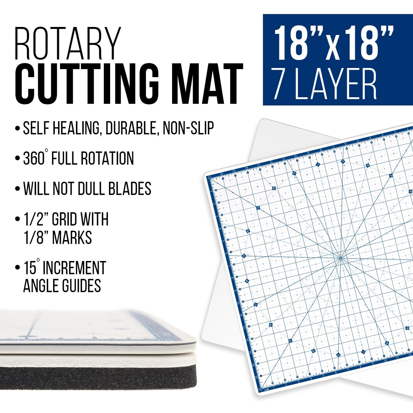 18" x 18" Self-Healing Cutting Mat 7-Ply - Rotary White/Blue Craft Mat, Non-Slip Cutting Mats for Crafts, Sewing, Quilting, Scrapbooking