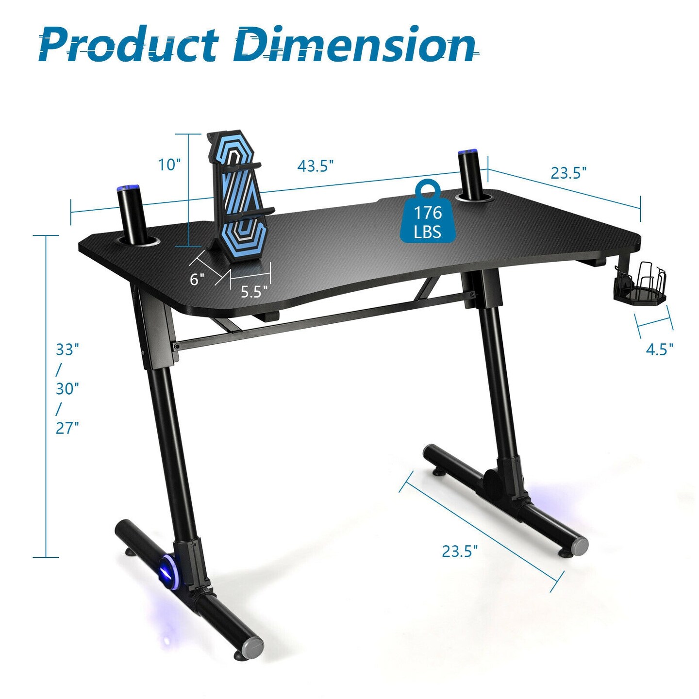 Gaming Desk Carbon Fiber Desktop Z Shape Frame Adjustable Height with LED Lights Black