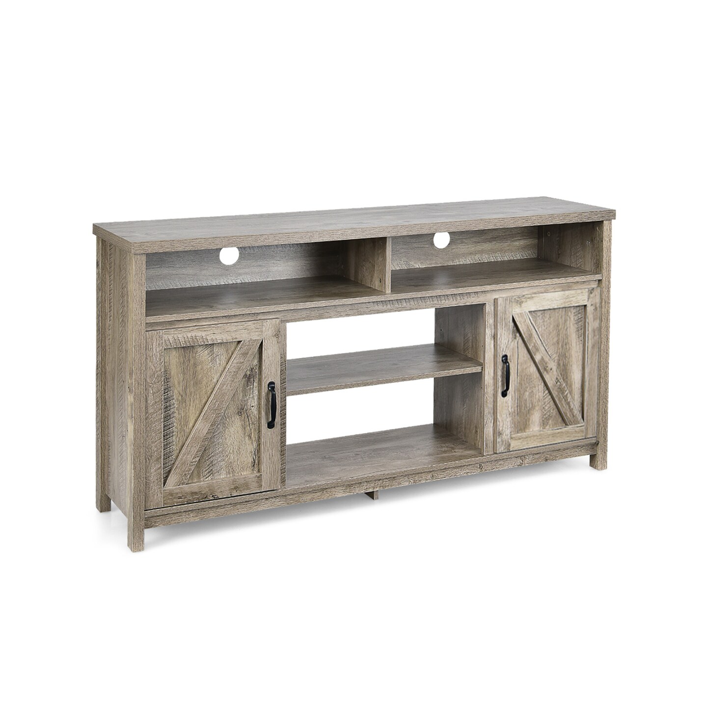 Natural Engineered Wood TV Stand with Shelves, Cabinets and Cable Management