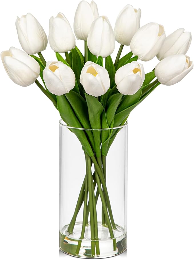 12 Pcs Artificial Real Touch Tulips Flowers in Glass Vase with Faux Water, Tulips Fake Arrangements White Tulips with Vase for Dining Table Home Decor Wedding Centerpieces