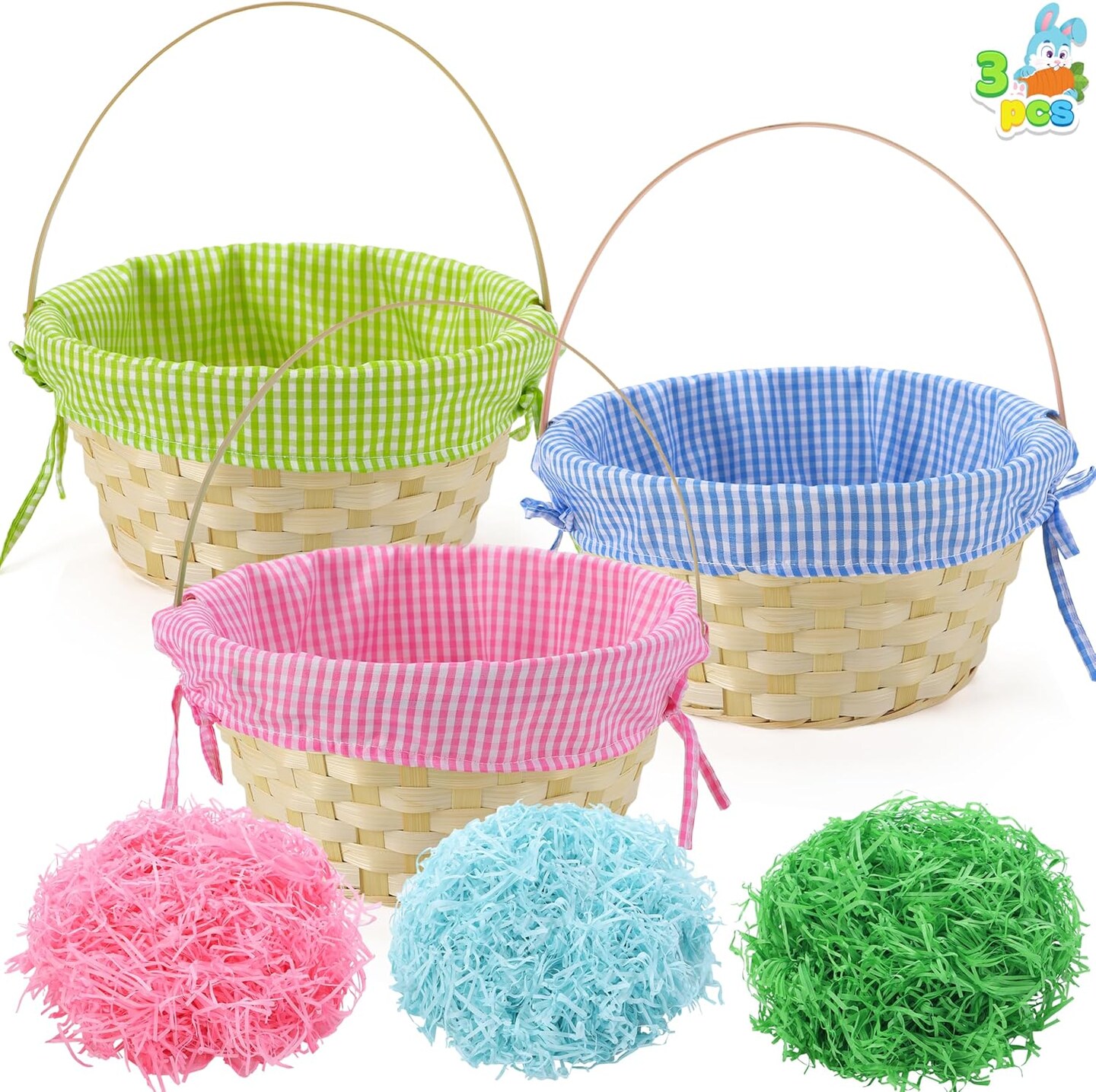 3 PCS Easter Bamboo Baskets with Plaid Lining & Handle, Includes 3 Colors Easter Grass Paper Shreds for Egg Hunt, Kids Party Favors (Blue, Pink, Green)