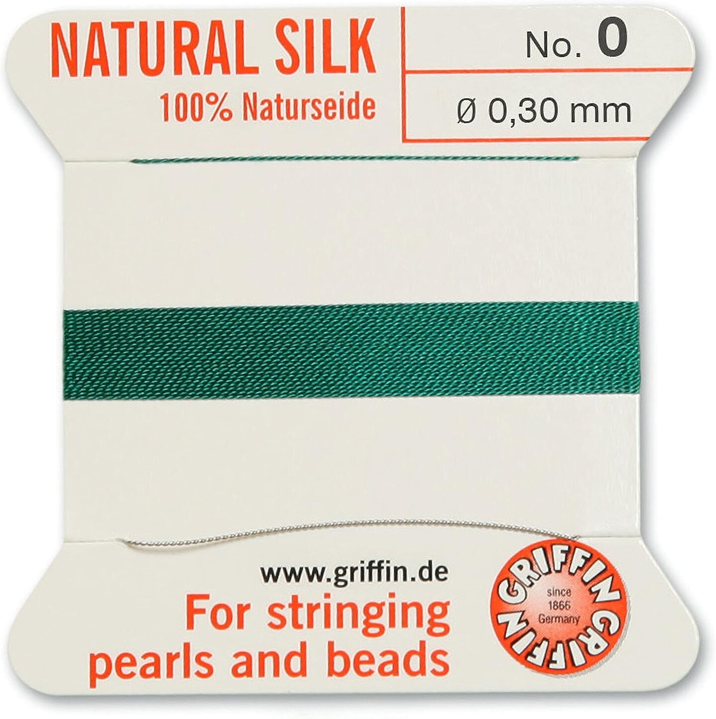 Griffin Silk Bead Cord Perlseide – Size 0 (0.30mm) – 2 Meters per Card – Stainless Steel Needle Attached – for Knotting Pearls, Gemstones, Crystals and Beads