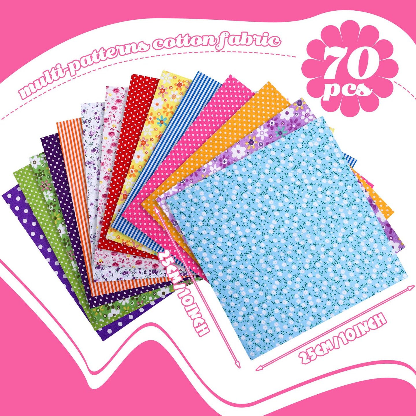 70 Pcs 10 x 10 Inch Cotton Fabric Squares Multicolor Quilting Fabric Bundles Precut Printed Patchwork Materials for Holiday DIY Crafts Cloths Handmade(Stylish Style)