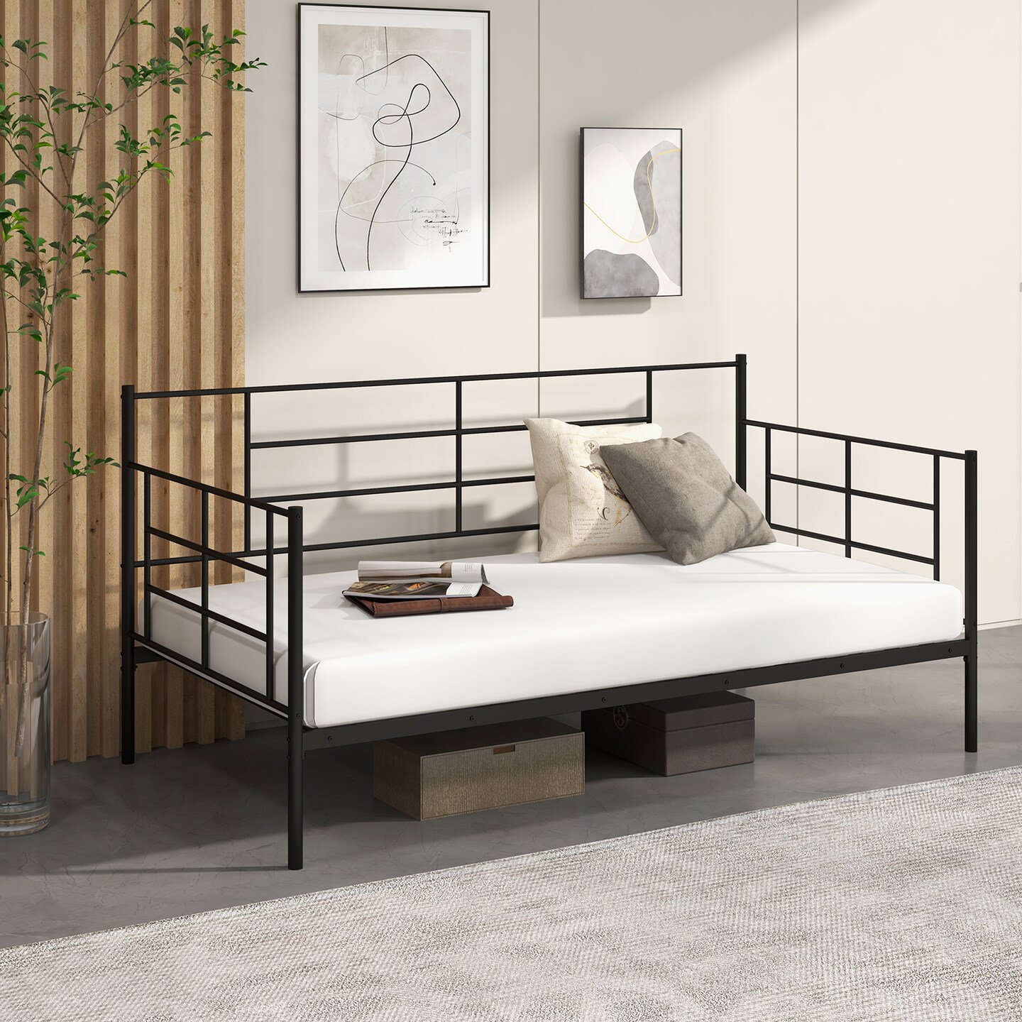 Black Twin Metal Daybed Sofa Bed Frame with Sturdy Back and Arms