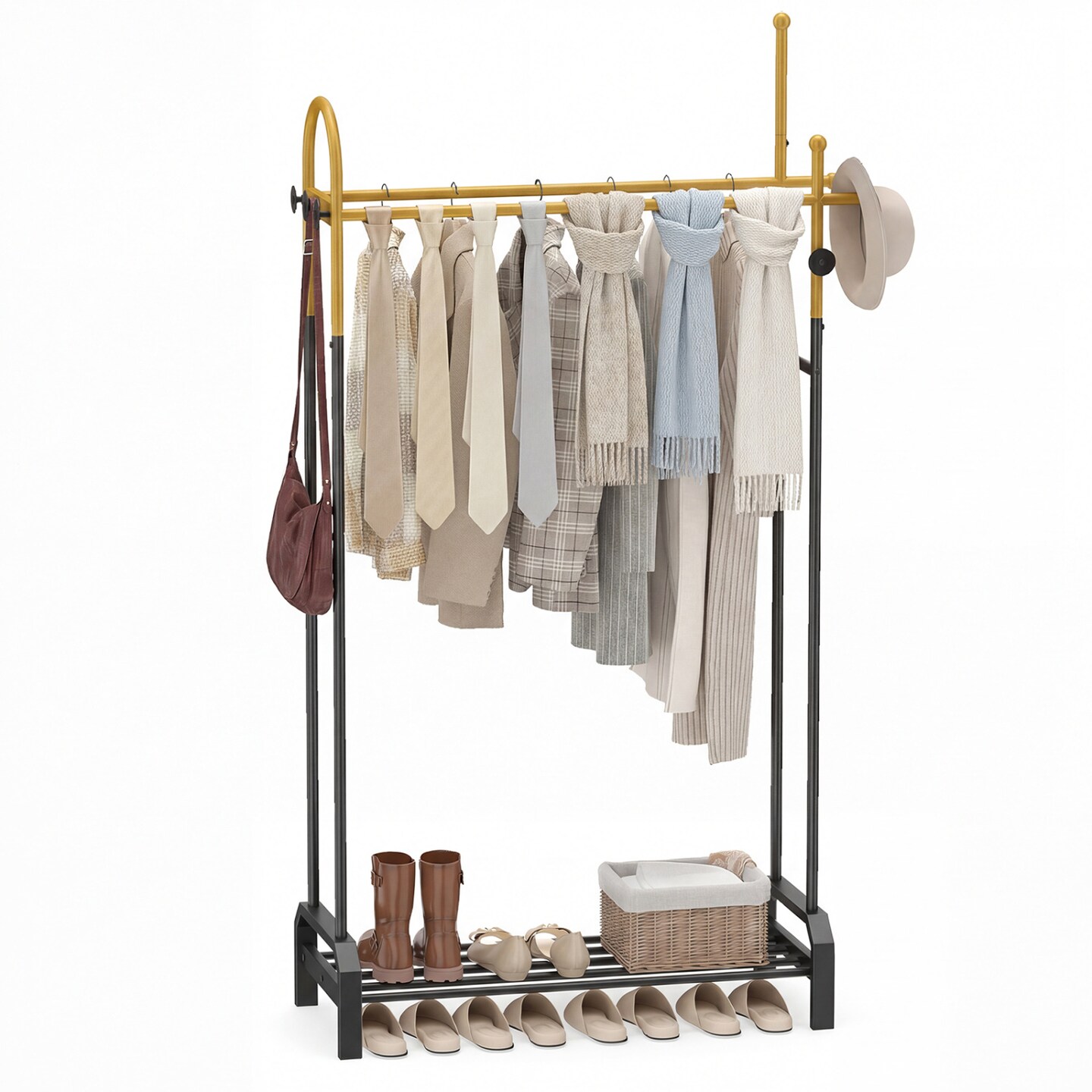 Double Rod Garment Rack with Hooks and Shoe Shelf Gold and Black