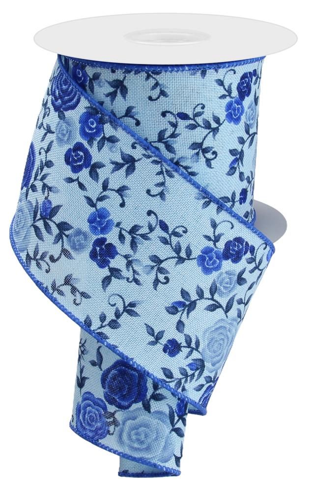 RG Ribbon: Cottage Roses Wired Ribbon, Blue Multi for Bows, Wreaths, and Decorations