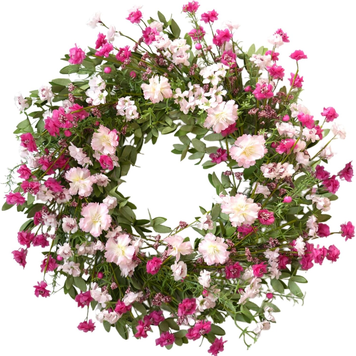 24" Spring Bloom Wreath for Front Door – Artificial Pink Cosmos, Wildflowers & Cherry Blossom Floral Wreath for Farmhouse Indoor/Outdoor Porch Décor