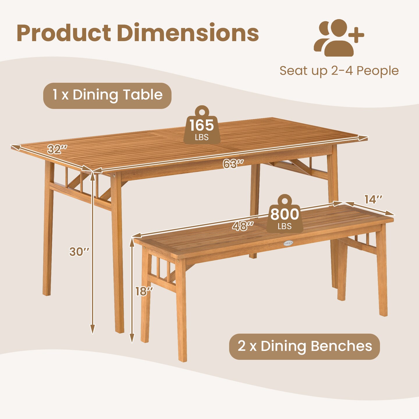 Acacia Wood Patio Picnic Table Set With 2 Benches Umbrella Hole Natural