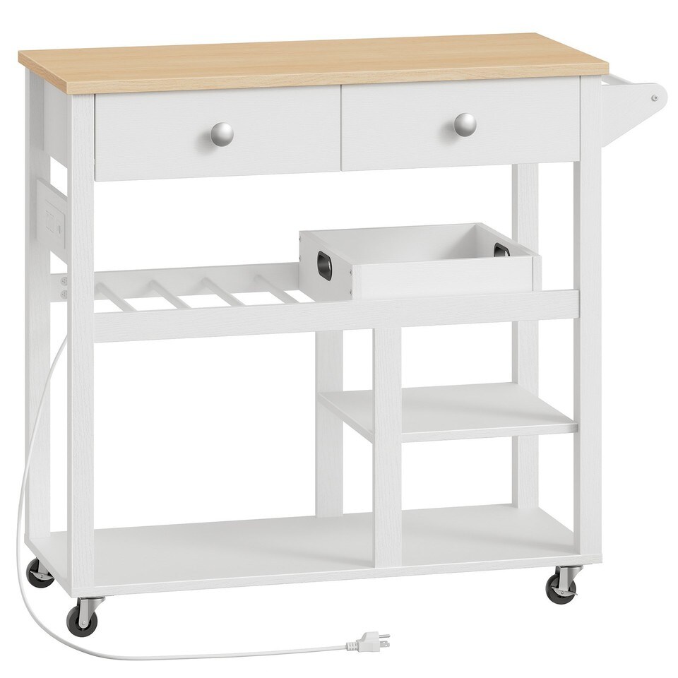 White-Natural Particleboard Kitchen Island with Matte Finish and Rolling Casters