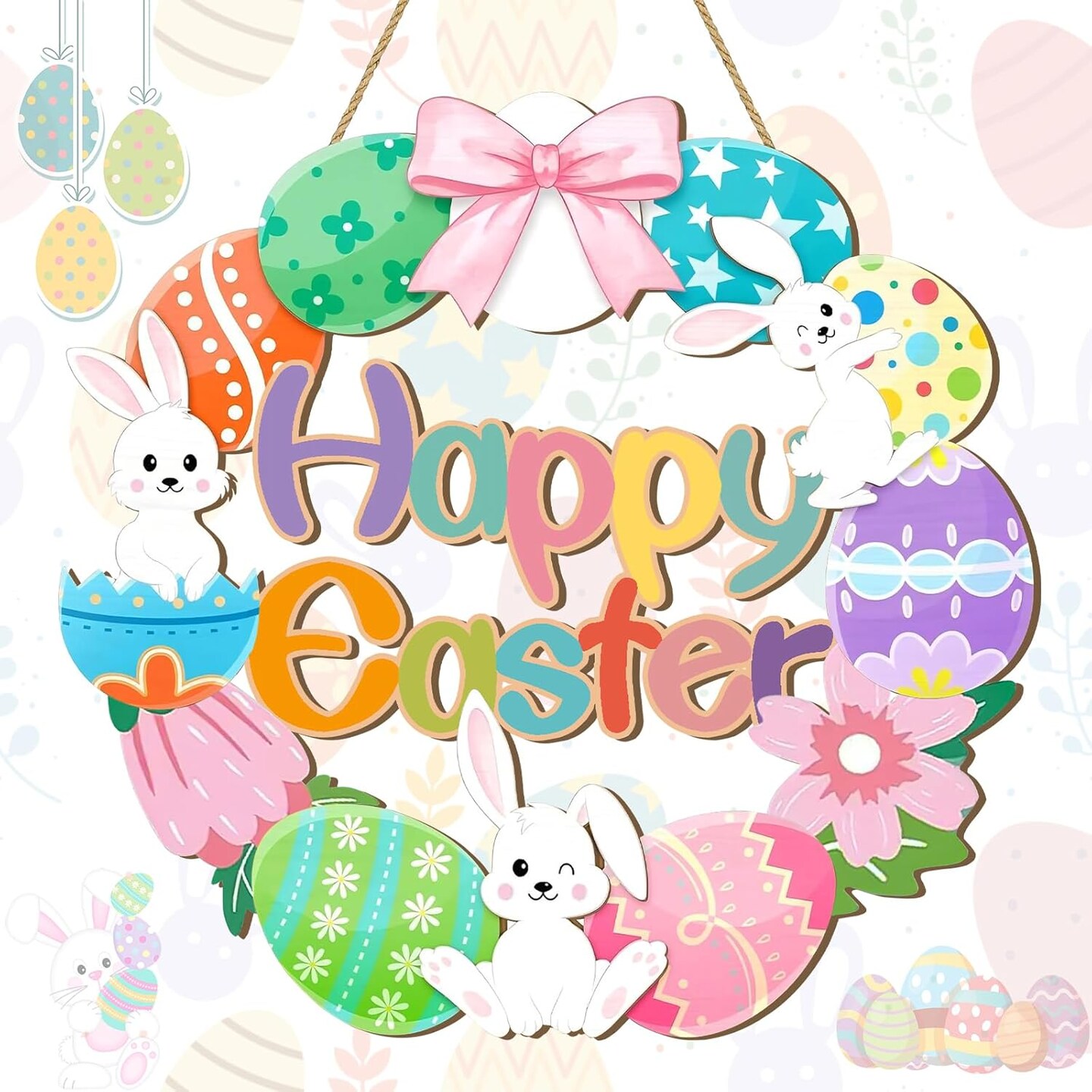 Wooden Easter Door Sign – Happy Easter Bunny and Egg Wreath Hanging Decoration for Spring Home Decor