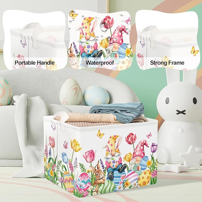 Large Egg Rabbit Easter Basket Stuffers Butterfly Tulips Baby Gift Basket Empty Toy Nursery Bin Collapsible Spring Flower Clothes Storage Organizer for Bedroom,Gnome,40x30x30 cm
