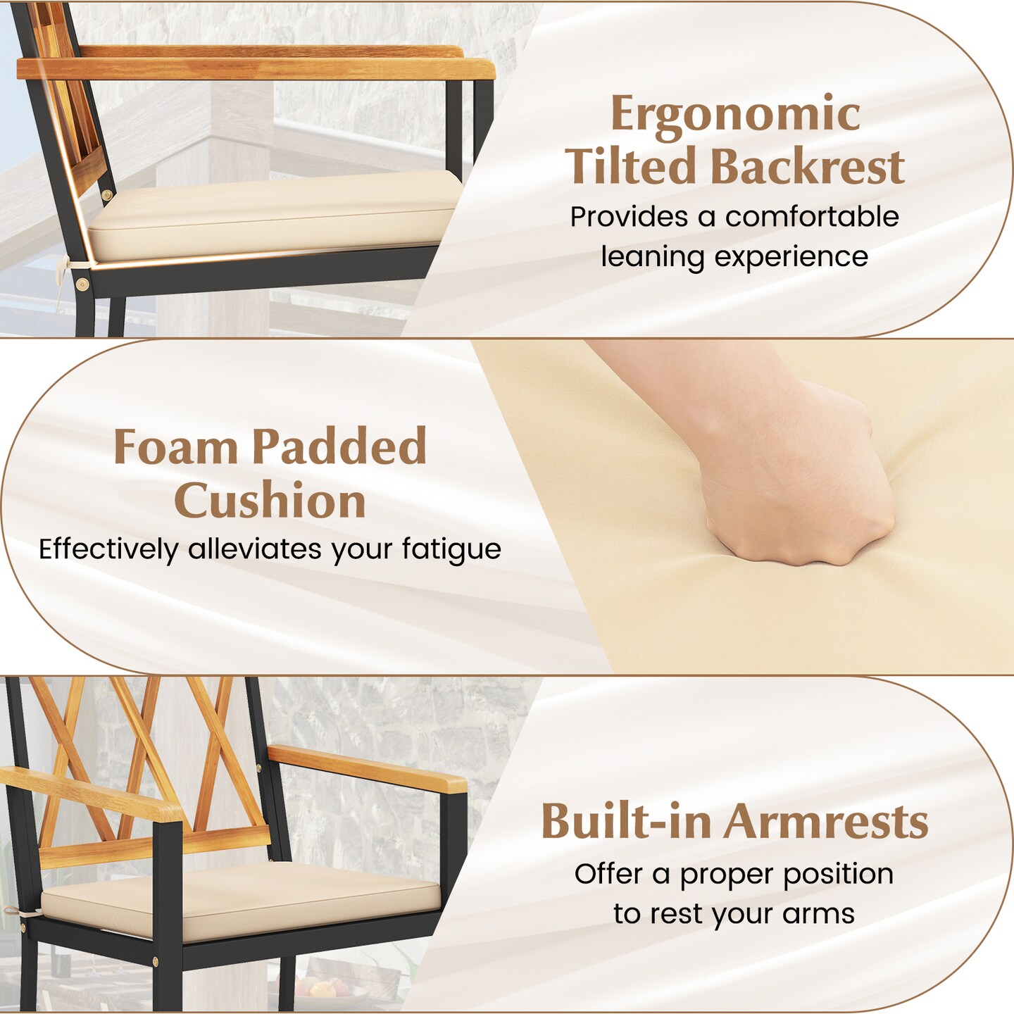 7-Piece Outdoor Patio Dining Set Acacia Wood Table Umbrella Hole Black Cushions