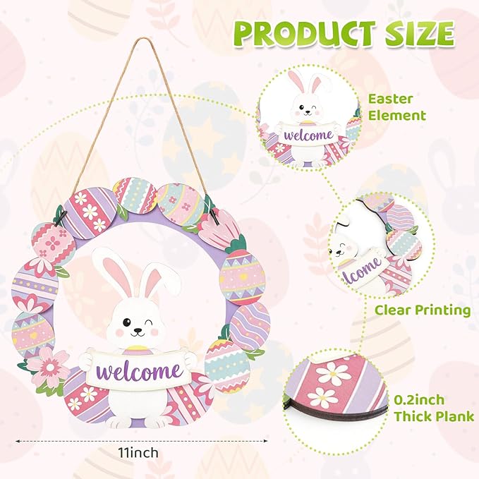 Easter Decorations, Easter Wreath Decor, Rabbit Welcome Sign Door Decoration, for Front Door Porch Window Wall Hanging Decor, Pink Green Spring Decoration for the Home