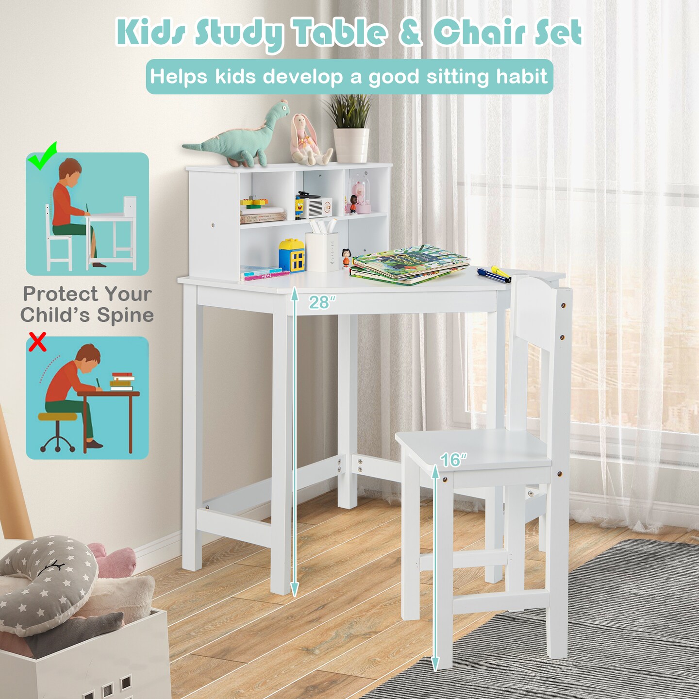White Kids Study Corner Desk with Chair and Storage Hutch