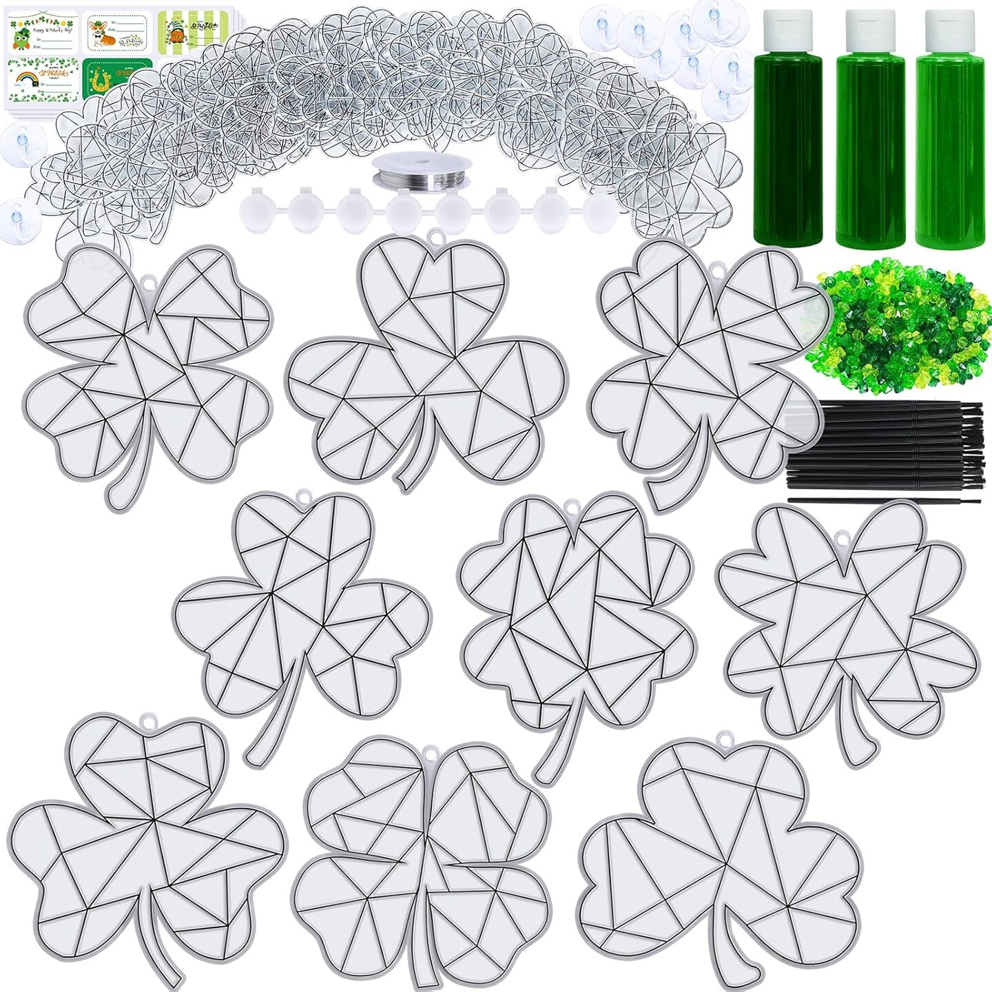 27-Piece St. Patrick’s Day Shamrock Suncatcher Craft Kit – DIY Window Paint Art, Lucky Four-Leaf Clover Ornaments for Kids, Classroom, and Party Decorations