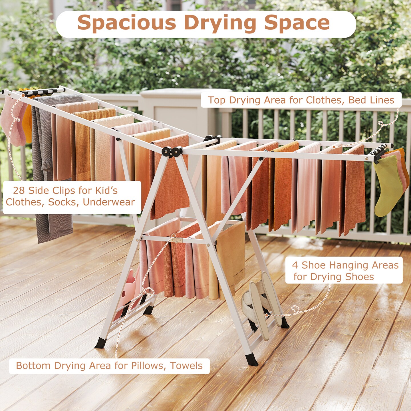 White Foldable Clothes Drying Rack with Adjustable Wings Shoe Racks