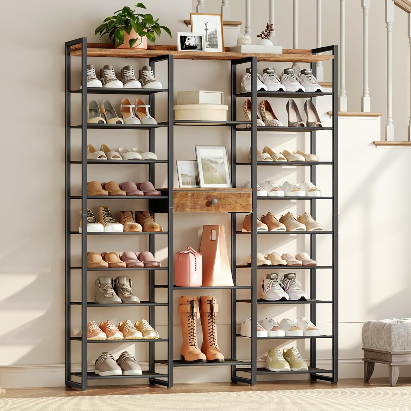 Rustic Brown 10-Tier Shoe Rack with Metal Frame and Mesh Shelves