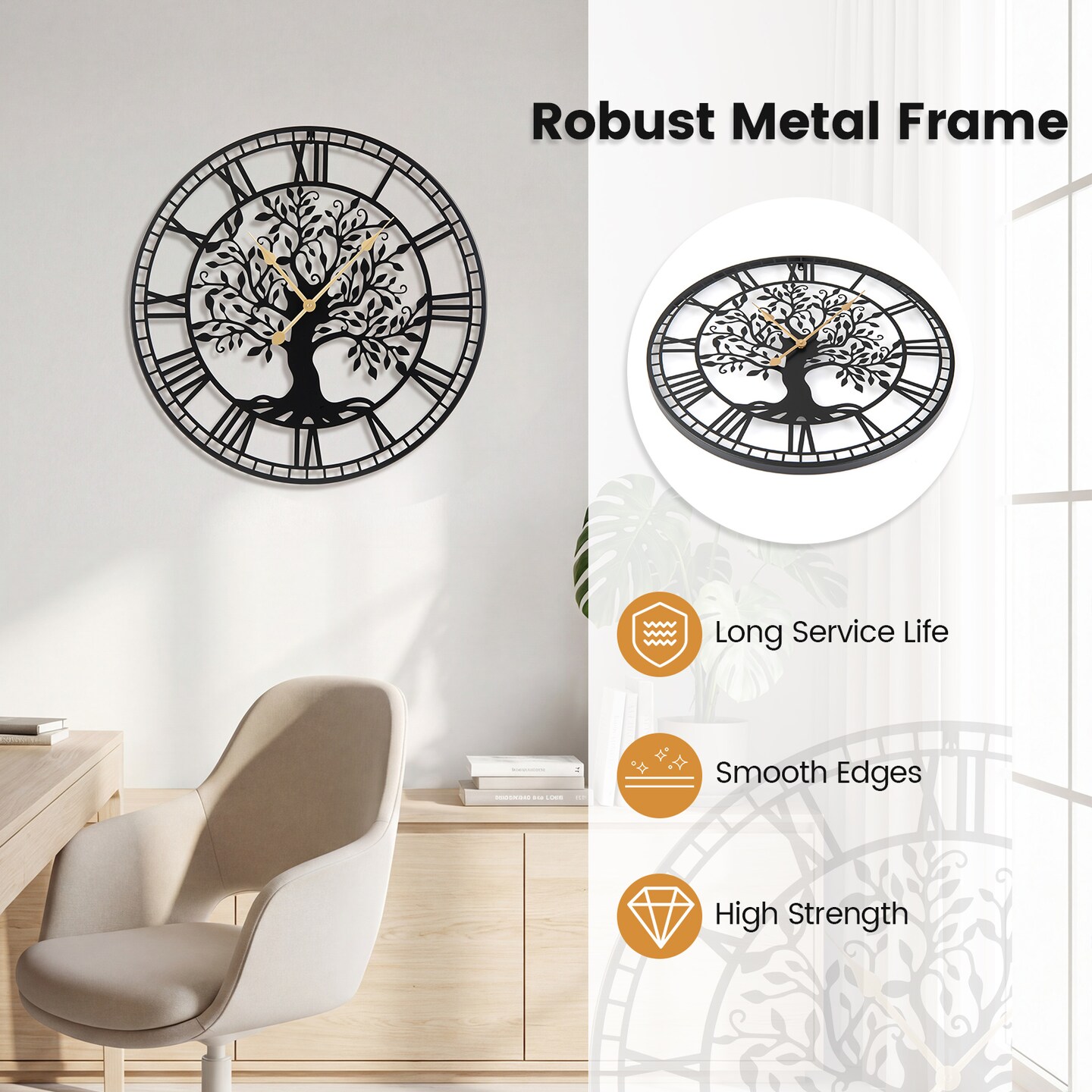 Black Wall Clock Tree of Life Non-Ticking Metal Decorative 27 Inch