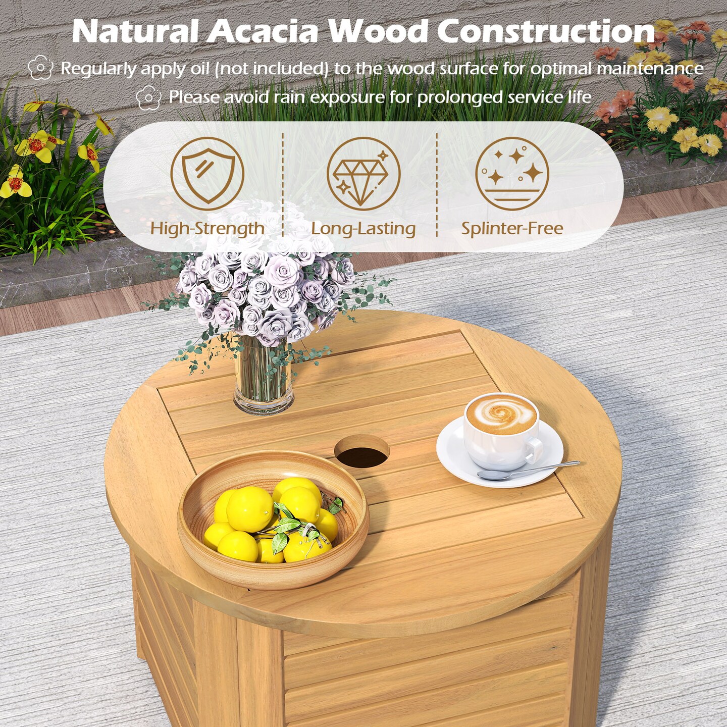 Acacia Wood Slatted End Table 2-in-1 Outdoor Coffee Table with Built-In Storage